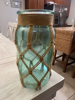 Coastal Glass Rope-Wrapped Vase - Aqua